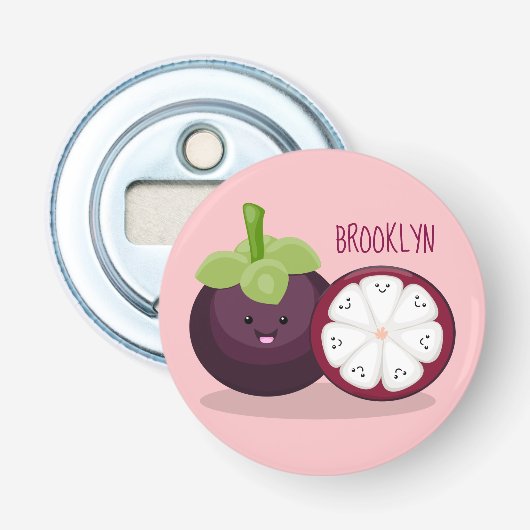 Cute paarse mangosteen cartoon afbeelding button flesopener (Voorkant)