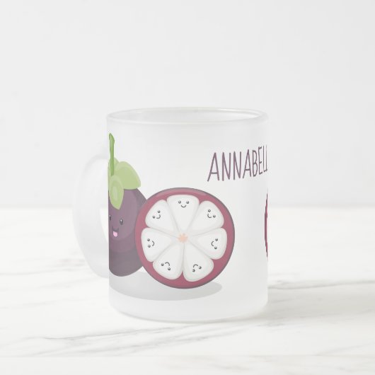 Cute paarse mangosteen cartoon afbeelding matglas koffiemok (Voorkant links)