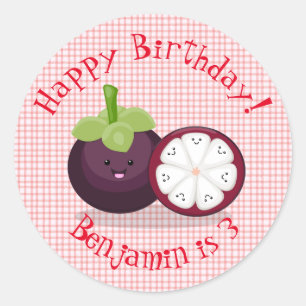 Cute paarse mangosteen cartoon afbeelding ronde sticker