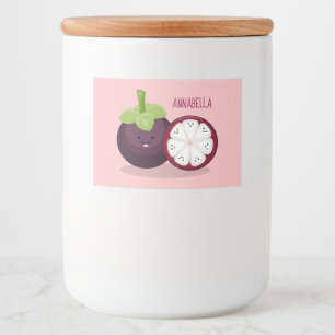 Cute paarse mangosteen cartoon afbeelding voedselcontainer etiket