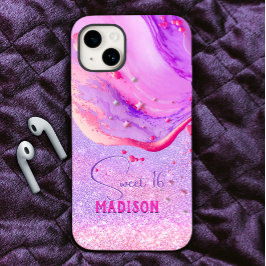 Cute paarse marmer glitter monogram iPhone 15 case