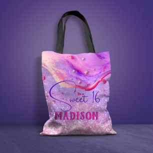 Cute paarse marmer glitter monogram tote bag