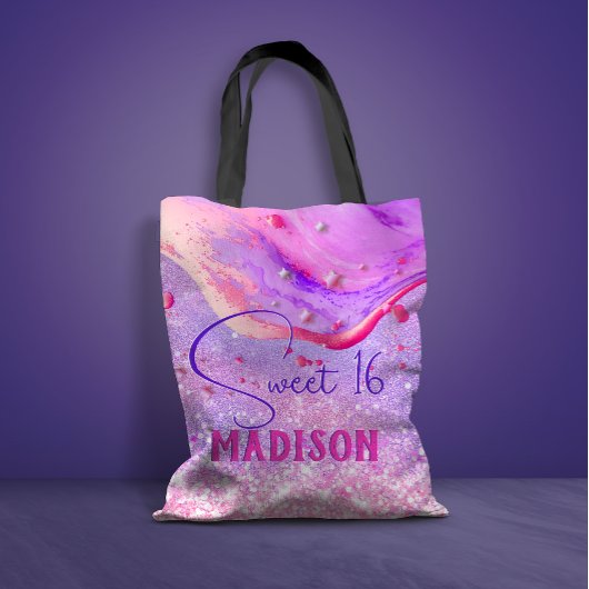 Cute paarse marmer glitter monogram tote bag
