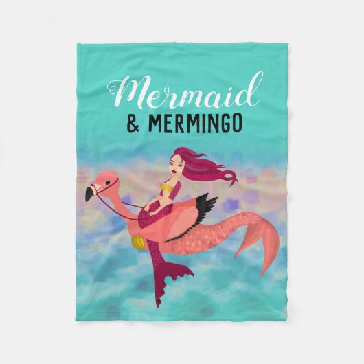 Cute Paarse mermaid roze flamingo under Zee Fleece Deken (Voorkant)