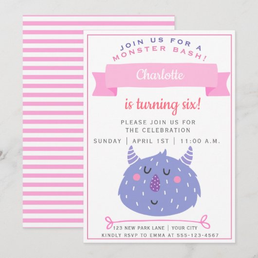 Cute Paarse Monster | Monster Bash Girls Birthday Kaart (Voorkant / Achterkant)