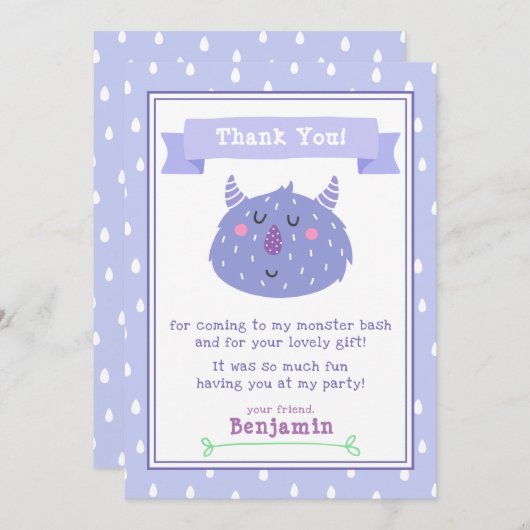 Cute Paarse Monster | Monster Bash Kinderen van Bi Bedankkaart (Voorkant / Achterkant)