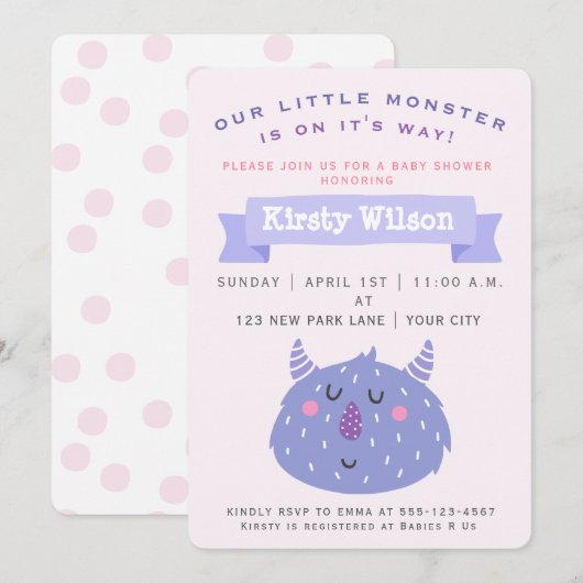 Cute Paarse Monster | Uitnodiging tot Baby shower (Voorkant / Achterkant)