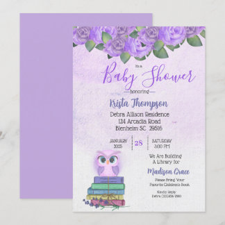 Cute Paarse Owl Breng een boek Baby shower Kaart