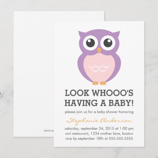 Cute Paarse Owl Girl Baby Shower Invitations Kaart (Voorkant / Achterkant)
