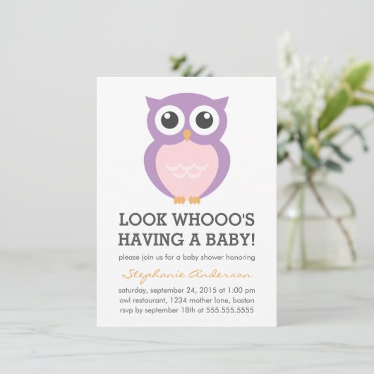 Cute Paarse Owl Girl Baby Shower Invitations Kaart (Staand voorkant)