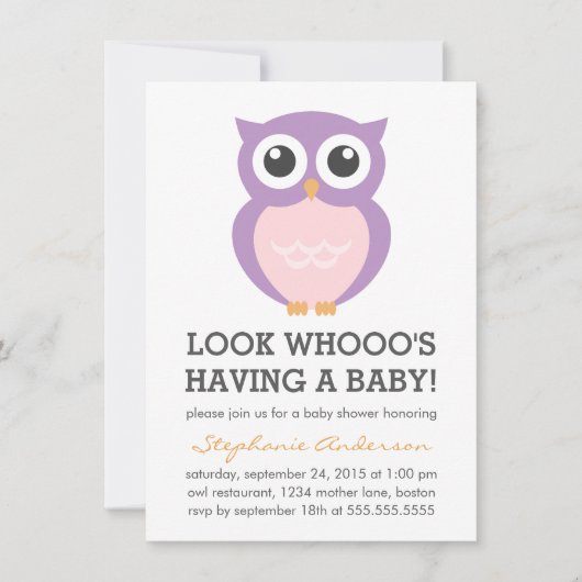 Cute Paarse Owl Girl Baby Shower Invitations Kaart (Voorkant)