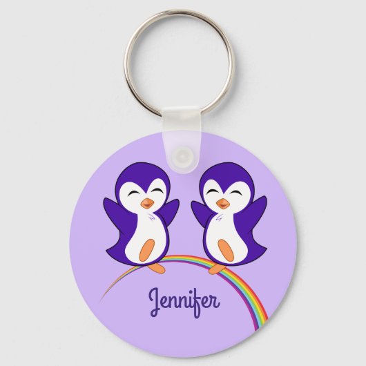 Cute Paarse Penguin Monogram Regenboog Kinderen Sleutelhanger (Voorkant)