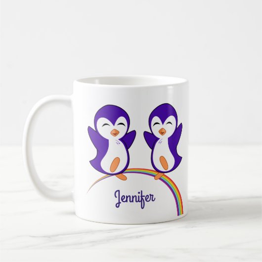 Cute Paarse Penguin Rainbow Monogram Kinder Koffiemok (Links)