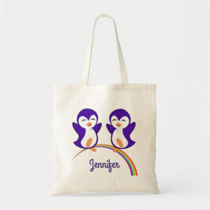 Cute Paarse Pinguïn Persoonlijke Naam Tote Bag