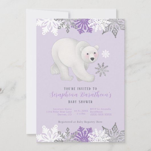 Cute Paarse Polar Beer Invitation Baby shower Kaart (Voorkant)