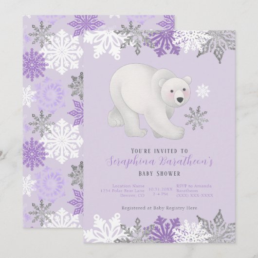 Cute Paarse Polar Beer Invitation Baby shower Kaart (Voorkant / Achterkant)