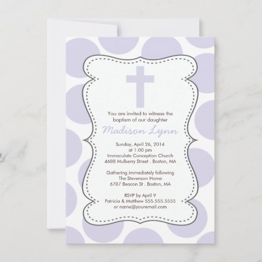Cute Paarse Polka Dots Cross Baptisme Invitation Kaart (Voorkant)
