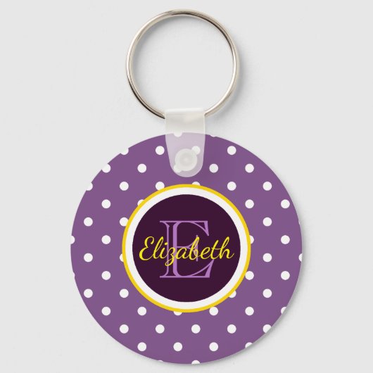 Cute Paarse Polka Dots met naam Monogram Sleutelhanger (Voorkant)