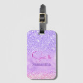 Cute paarse roze glitter verjaardagsmonogram bagagelabel (Voorkant (verticaal))
