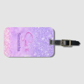 Cute paarse roze glitter verjaardagsmonogram bagagelabel (Voorkant (horizontaal))