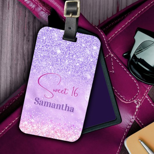 Cute paarse roze glitter verjaardagsmonogram bagagelabel