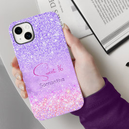 Cute paarse roze glitter verjaardagsmonogram iPhone 15 case