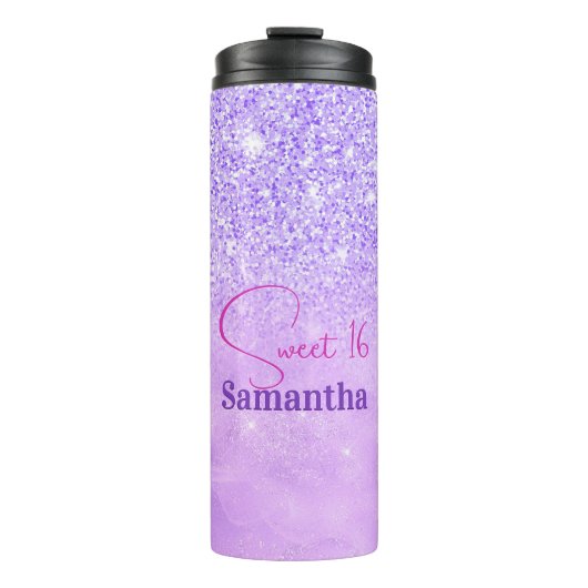 Cute paarse roze glitter verjaardagsmonogram thermosbeker (Voorkant)