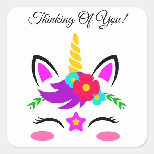 Cute Paarse roze Unicorn Flower Thinking of You Vierkante Sticker (Voorkant)