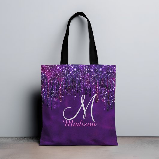 Cute Paarse roze Unicorn Glitter Driemonogram Tote Bag