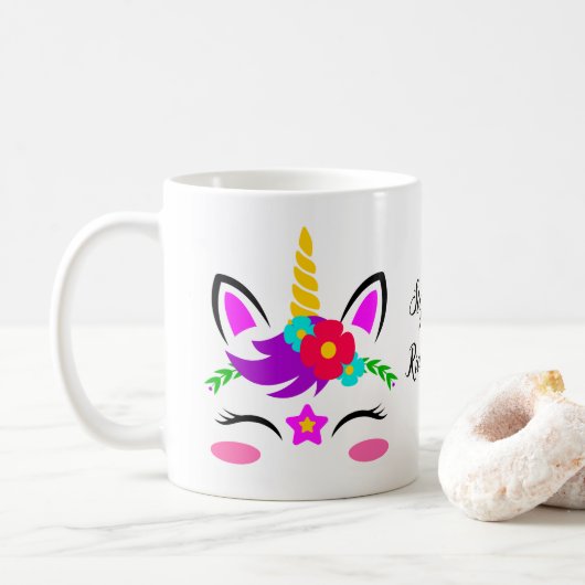 Cute Paarse roze Unicorn Red Flower Personated Koffiemok (Met donut)