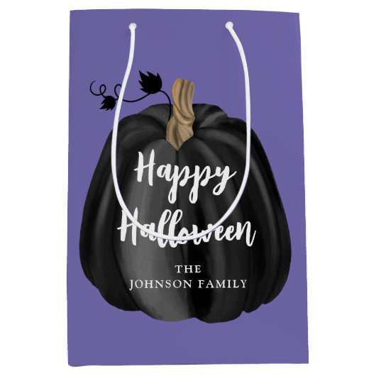 Cute Paarse Script Pumpkin Happy Halloween Medium Cadeauzakje (Voorkant)