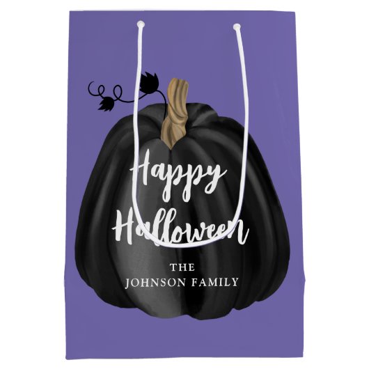 Cute Paarse Script Pumpkin Happy Halloween Medium Cadeauzakje (Achterkant)