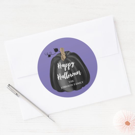 Cute Paarse Script Pumpkin Happy Halloween Ronde Sticker (Envelop)