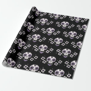 Cute Paarse Sugar Skulls Dia de Los Muertos Floral Cadeaupapier