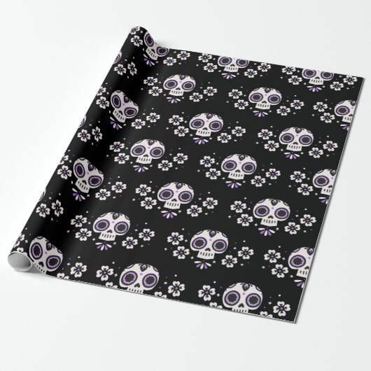 Cute Paarse Sugar Skulls Dia de Los Muertos Floral Cadeaupapier (Uitgerold)