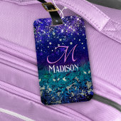 Cute paarse turkooise ombre glitter monogram bagagelabel