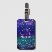 Cute paarse turkooise ombre glitter monogram bagagelabel (Voorkant (verticaal))