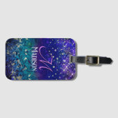 Cute paarse turkooise ombre glitter monogram bagagelabel (Voorkant (horizontaal))