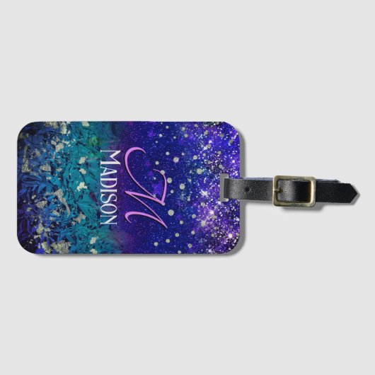 Cute paarse turkooise ombre glitter monogram bagagelabel (Voorkant (horizontaal))