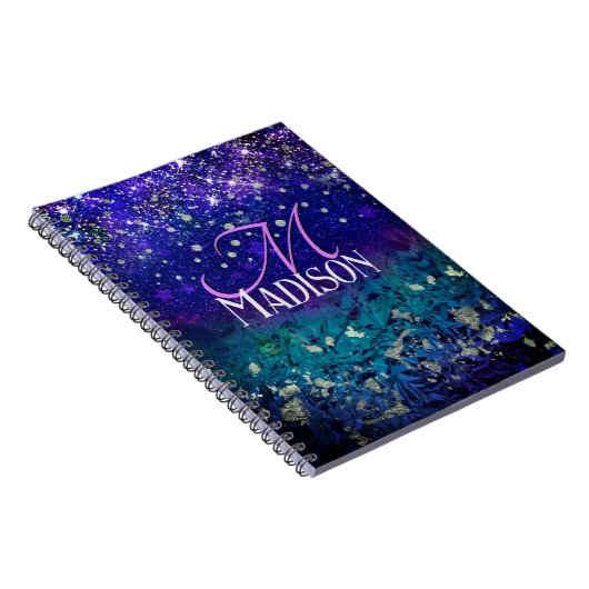 Cute paarse turkooise ombre glitter monogram notitieboek (Rechterzijde)