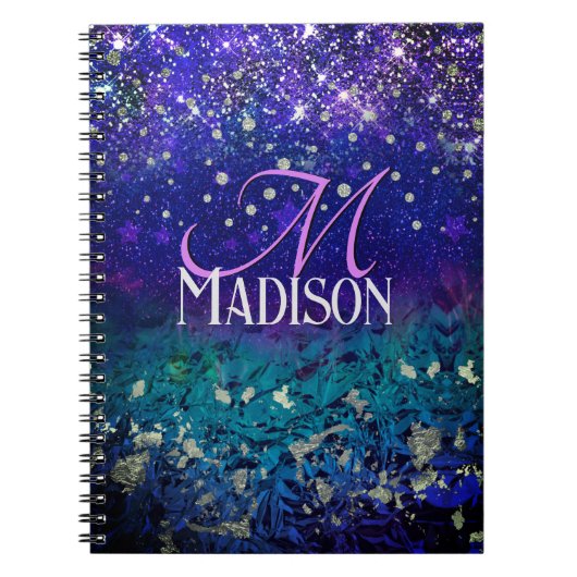 Cute paarse turkooise ombre glitter monogram notitieboek (Voorkant)