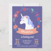 Cute paarse unicorn floral verjaardagsuitnodiging kaart (Voorkant)