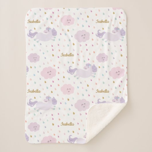 Cute Paarse Unicorn Girl's Personalized Sherpa Deken (Voorkant)