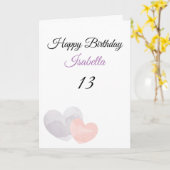 Cute Paarse Waterverf Double Heart 13th Birthday Kaart (Gele Bloem)