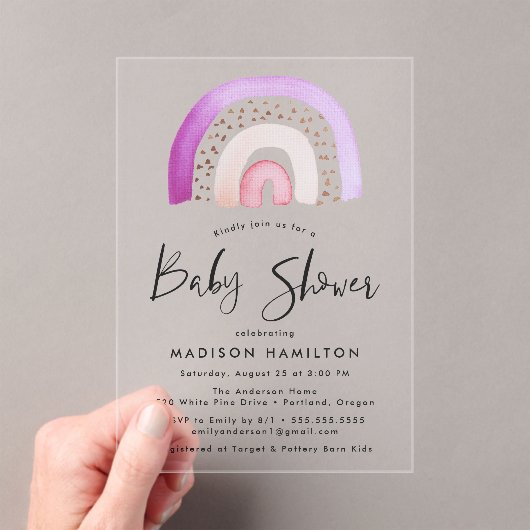 Cute Paarse Waterverf Rainbow Baby shower Acryl Uitnodigingen (Insitu (Draagbaar))