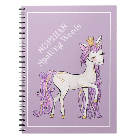 Cute Paarse White Unicorn Tiara School Betreft Notitieboek (Voorkant)
