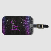 Cute paarse zwarte faux glitter monogram bagagelabel (Voorkant (horizontaal))