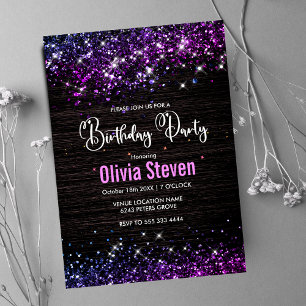 Cute paarse zwarte faux glitter monogram kaart