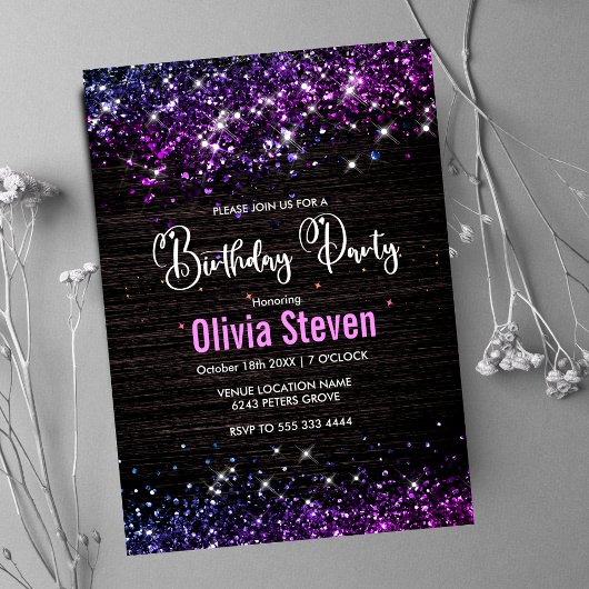 Cute paarse zwarte faux glitter monogram kaart