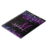 Cute paarse zwarte faux glitter monogram notitieboek (Linkerzijde)